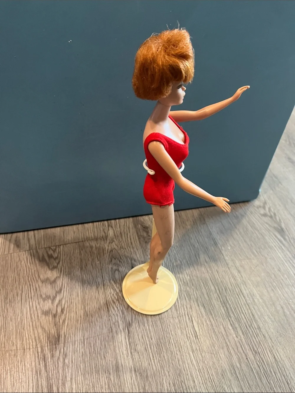 Vintage-Barbie bubble cut doll in red suit tear in left boob❤️